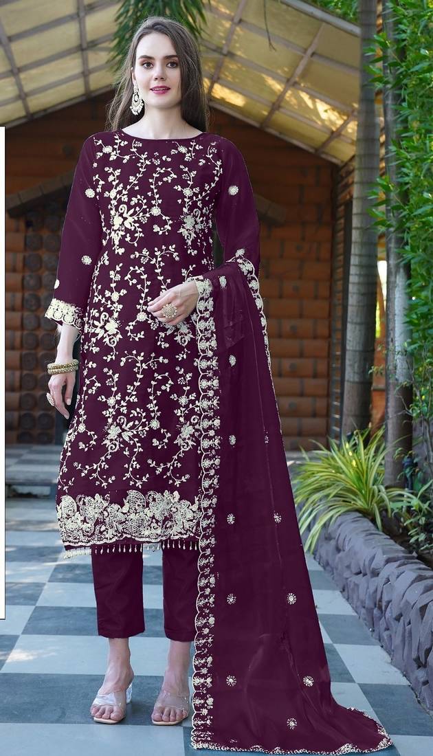 Maroon embroidered sequence work heavy organza unstitched suit with moti & fancy lace