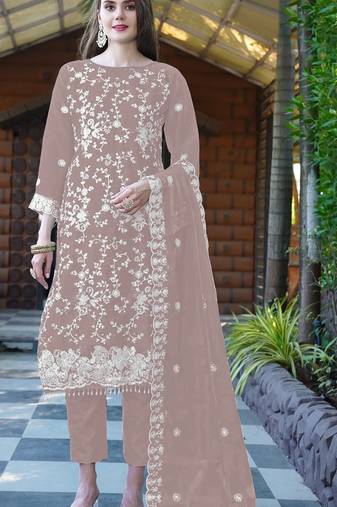 Cream embroidered sequence work heavy organza unstitched suit with moti & fancy lace