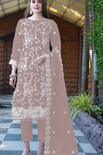 Cream embroidered sequence work heavy organza unstitched suit with moti & fancy lace