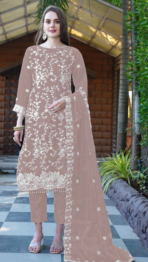 Cream embroidered sequence work heavy organza unstitched suit with moti & fancy lace