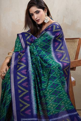 Green woven cotton saree with blouse piece