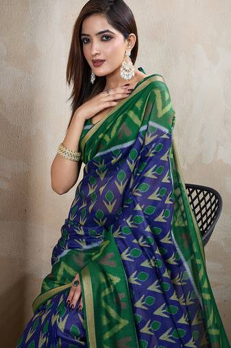 Blue woven cotton saree with blouse piece