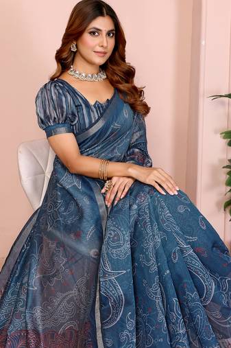 Blue woven cotton saree with blouse piece