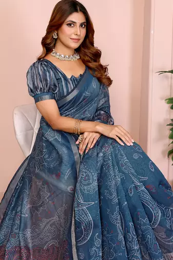 Blue woven cotton saree with blouse piece