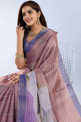 Purple woven cotton saree with blouse piece
