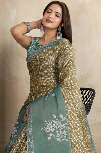 Mehendi woven cotton saree with blouse piece