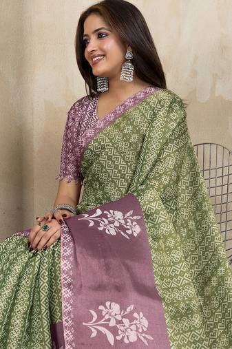 Green woven cotton saree with blouse piece