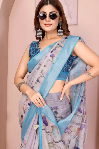 Mauve woven linen saree with blouse piece
