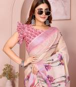 Beige woven linen saree with blouse piece