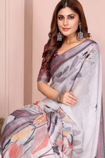 Grey woven linen saree with blouse piece
