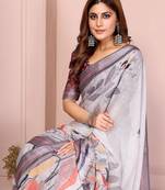 Grey woven linen saree with blouse piece
