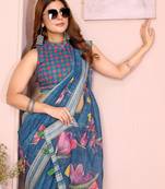 Blue woven linen saree with blouse piece