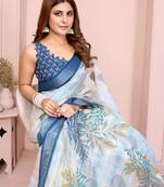 Blue woven linen saree with blouse piece