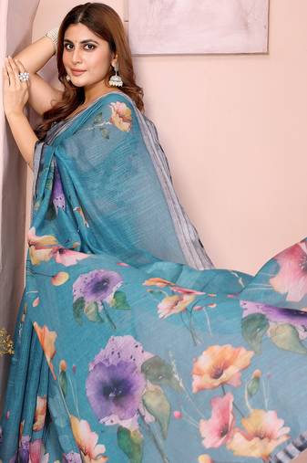 Turquoise woven linen saree with blouse piece