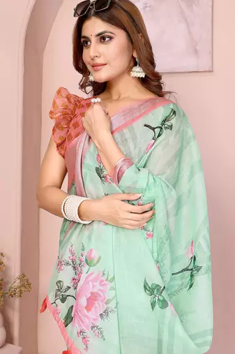 Green woven linen saree with blouse piece