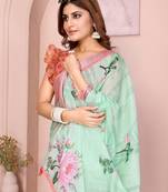 Green woven linen saree with blouse piece