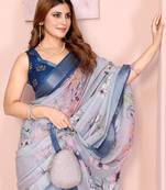 Blue woven linen saree with blouse piece