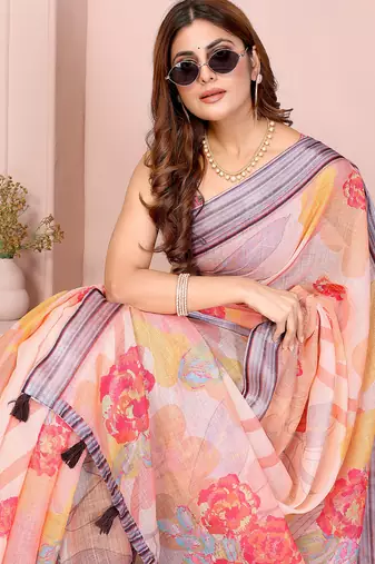 Peach woven linen saree with blouse piece
