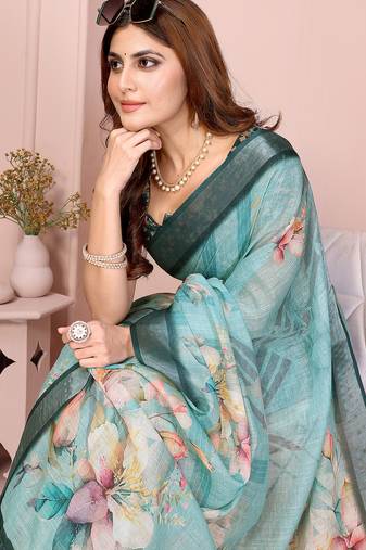 Turquoise woven linen saree with blouse piece