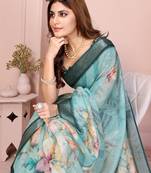 Turquoise woven linen saree with blouse piece