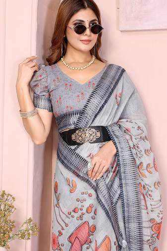 Grey woven linen saree with blouse piece