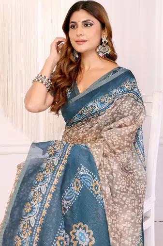 Beige woven cotton saree with blouse piece