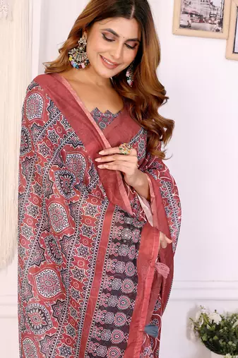 Red woven cotton saree with blouse piece