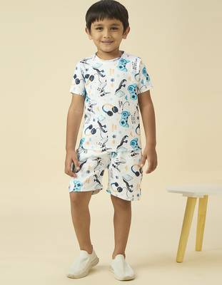 lycra woven half sleeves placement printed t-shirt and short set - white 1