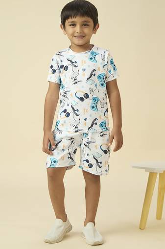 lycra woven half sleeves placement printed t-shirt and short set - white