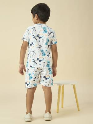 lycra woven half sleeves placement printed t-shirt and short set - white 2