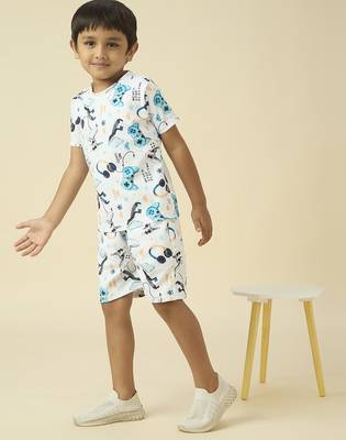 lycra woven half sleeves placement printed t-shirt and short set - white 3