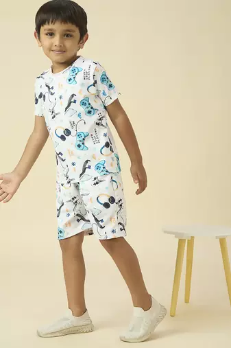 lycra woven half sleeves placement printed t-shirt and short set - white