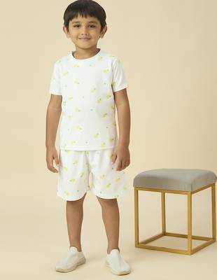 lycra woven half sleeves placement printed t-shirt and short set - white 1