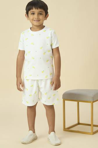 lycra woven half sleeves placement printed t-shirt and short set - white