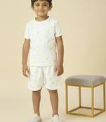 lycra woven half sleeves placement printed t-shirt and short set - white