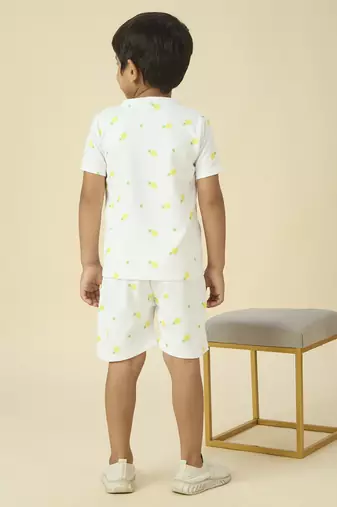 lycra woven half sleeves placement printed t-shirt and short set - white
