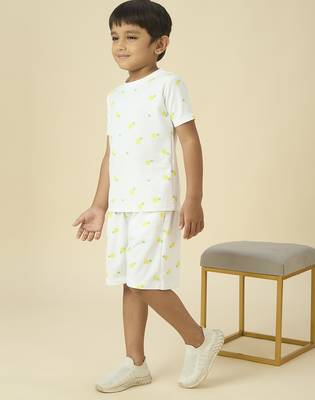 lycra woven half sleeves placement printed t-shirt and short set - white 3