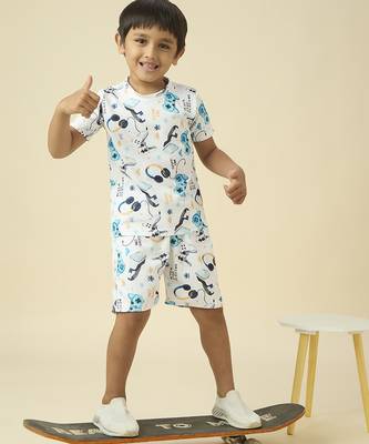 lycra woven half sleeves placement printed t-shirt and short set - white 5
