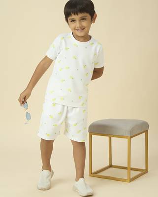lycra woven half sleeves placement printed t-shirt and short set - white 5