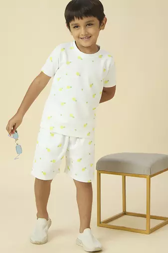 lycra woven half sleeves placement printed t-shirt and short set - white