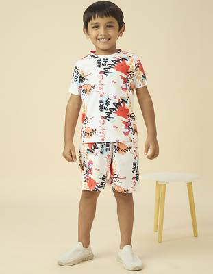 lycra woven half sleeves placement printed t-shirt and short set - white 1