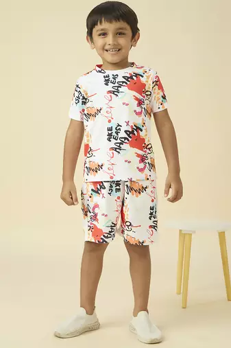 lycra woven half sleeves placement printed t-shirt and short set - white