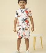 lycra woven half sleeves placement printed t-shirt and short set - white