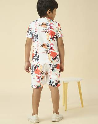 lycra woven half sleeves placement printed t-shirt and short set - white 2