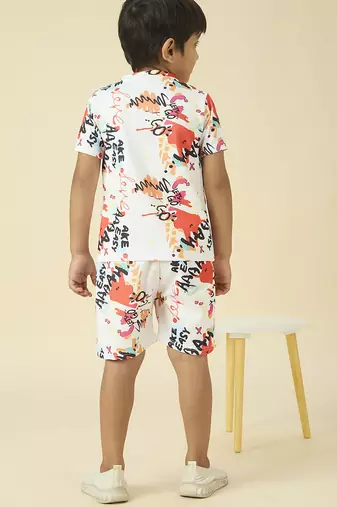 lycra woven half sleeves placement printed t-shirt and short set - white