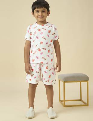 lycra woven half sleeves placement printed t-shirt and short set - white 1