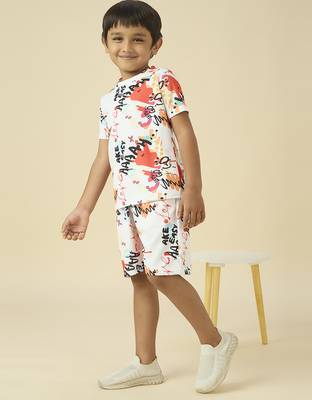 lycra woven half sleeves placement printed t-shirt and short set - white 3