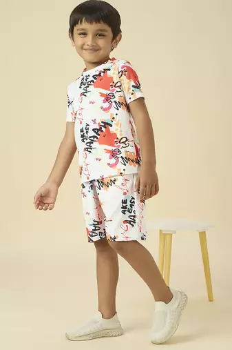 lycra woven half sleeves placement printed t-shirt and short set - white