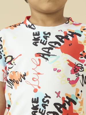 lycra woven half sleeves placement printed t-shirt and short set - white 4