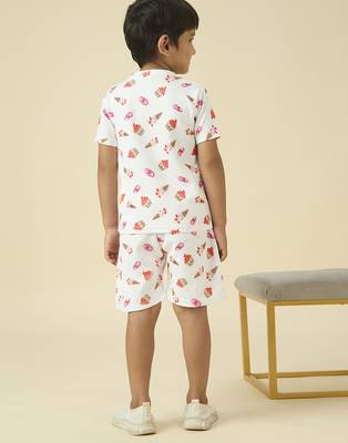 lycra woven half sleeves placement printed t-shirt and short set - white 2